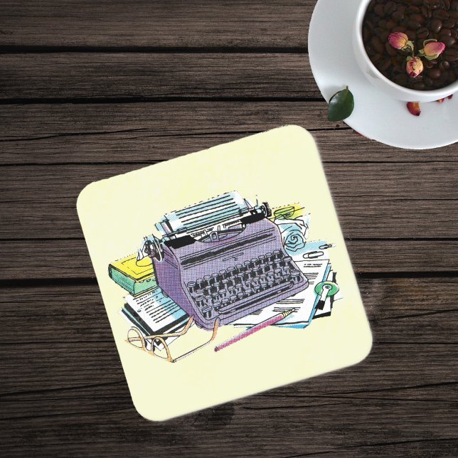 Posavasos Cuadrado De Papel Lápiz de papel de máquina de escribir herramientas (Purple manual vintage typewriter, other tools of writers on yellow paper drink coasters.)