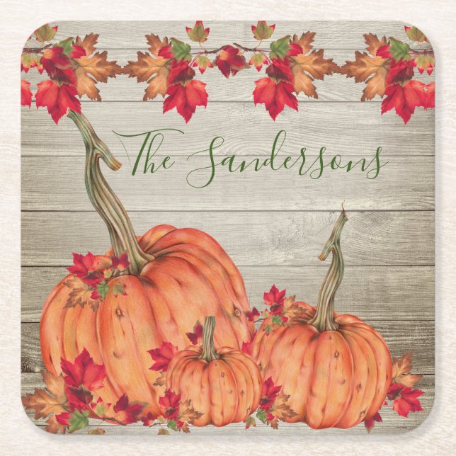 Posavasos Cuadrado De Papel Las calabazas de Naranja de otoño de madera rústic (Anverso)