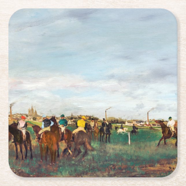 Posavasos Cuadrado De Papel Las carreras de caballos, Edgar Degas (Anverso)