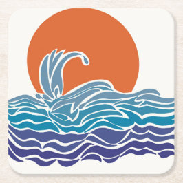 Posavasos Cuadrado De Papel Las coloridas olas del océano con la bella puesta 