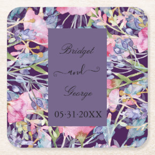 Posavasos Cuadrado De Papel lavanda acuarela flor silvestre vegetación follaje