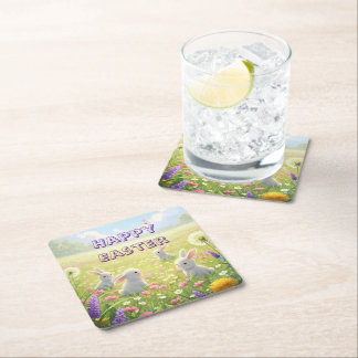 Posavasos Cuadrado De Papel Lavanda Pascua Linda Conejo Blanco Floral Primaver