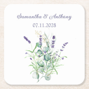 Posavasos Cuadrado De Papel Lavender Eucalyptus Watercolor Herbs Boda