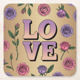 Posavasos Cuadrado De Papel Lavender LOVE Textos Juego de aletas de oro