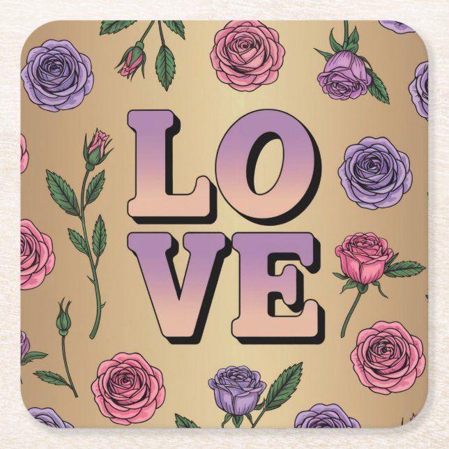 Posavasos Cuadrado De Papel Lavender LOVE Textos Juego de aletas de oro (Anverso)