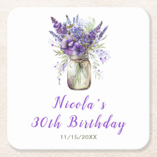Posavasos Cuadrado De Papel Lavender Mason Jar Cumpleaños