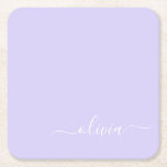 Posavasos Cuadrado De Papel Lavender Purple Modern Script Girly Monograma Nomb<br><div class="desc">Lavender Purple Simple Script Monograma Nombre Papel Ataque. Esto hace que la graduación perfecta,  el cumpleaños,  el boda,  la ducha de novia,  el aniversario,  la ducha de bebé o la fiesta de soltera sea un regalo para alguien que ama el lujo glam y los estilos de moda.</div>