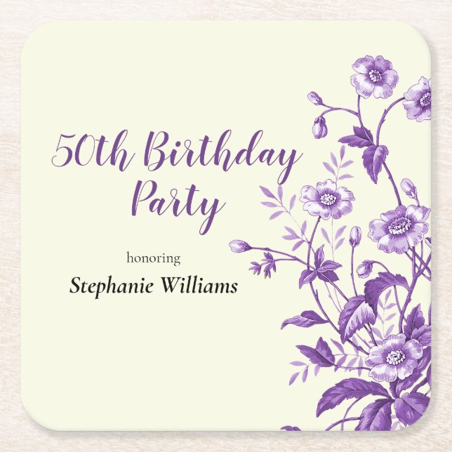 Posavasos Cuadrado De Papel Lavender Wildflower Women's 50th Birthday Party (Anverso)