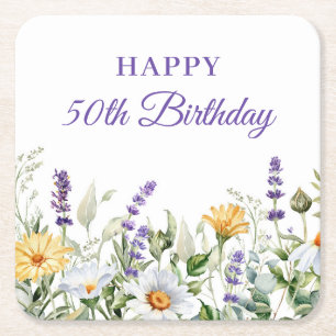 Posavasos Cuadrado De Papel Lavender y Wildflowers Feliz cumpleaños número 50