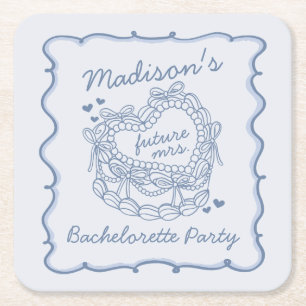Posavasos Cuadrado De Papel Lazo Azul Retro Corazón Coquette Torta Despedida d