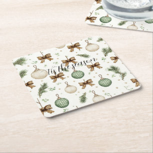 Posavasos Cuadrado De Papel Lazos Marrones Rústicos Crema Verde Navidad