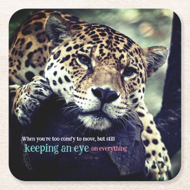 Posavasos Cuadrado De Papel Lazy jaguar en foto de árbol (Anverso)