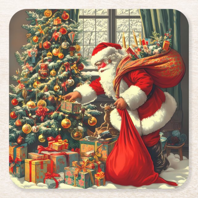 Posavasos Cuadrado De Papel Le Père Noël apporte la joie aux enfants (Anverso)