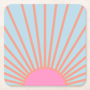 Posavasos Cuadrado De Papel Le Soleil 02 Sol Retro Rosa Y Azul Sunshine