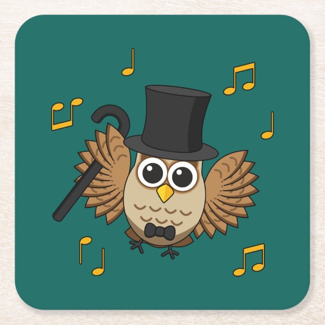 Posavasos Cuadrado De Papel Lechuza bailarina con Personalizado de notas music (Anverso)