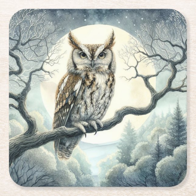 Posavasos Cuadrado De Papel Lechuza de arte acuarela (Anverso)