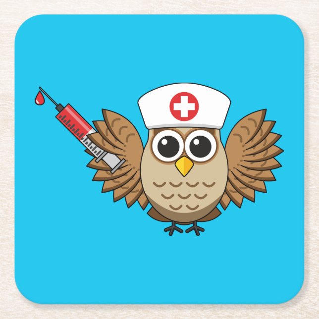 Posavasos Cuadrado De Papel Lechuza de enfermera con Personalizado de jeringas (Anverso)