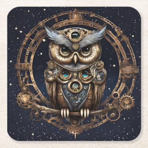 Posavasos Cuadrado De Papel Lechuza Steampunk contra el cielo estrellado