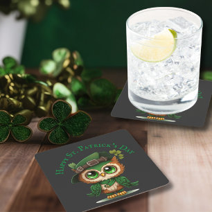 Posavasos Cuadrado De Papel Lechuza verde del Día de San Patricio personalizad