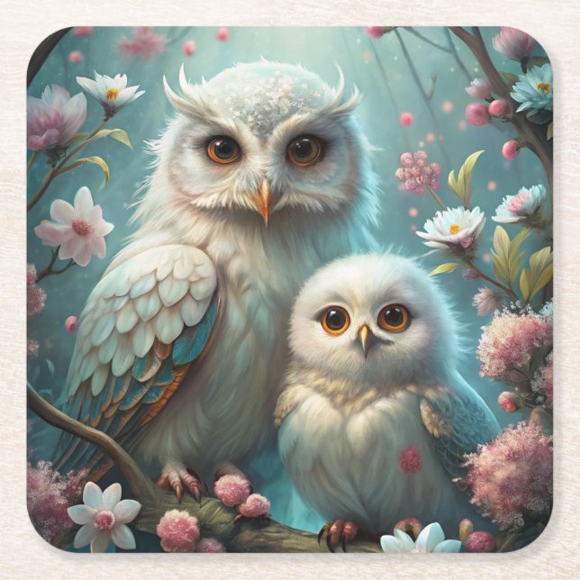 Posavasos Cuadrado De Papel Lechuza y bebé (Anverso)