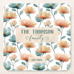 Posavasos Cuadrado De Papel Legado Floral Acuarela Vintage de Familia