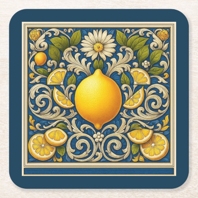 Posavasos Cuadrado De Papel Lemon Amalfi Blue Mediterranean Art Nouveau (Anverso)