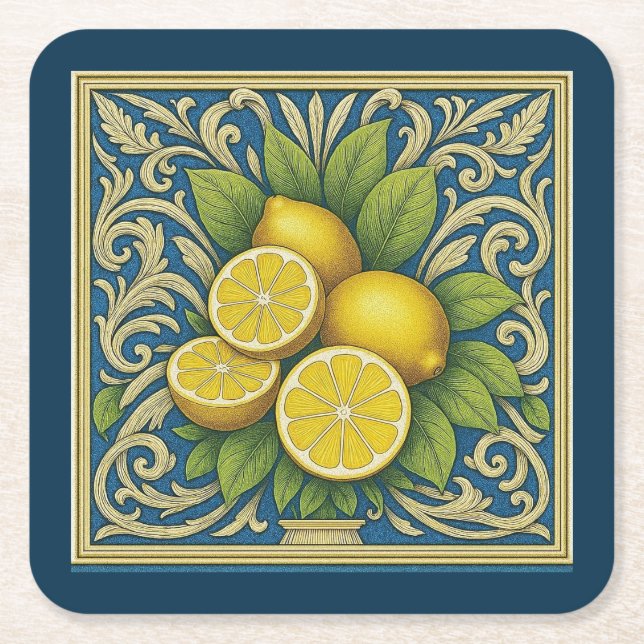 Posavasos Cuadrado De Papel Lemon Amalfi Blue Mediterranean Art Nouveau (Anverso)