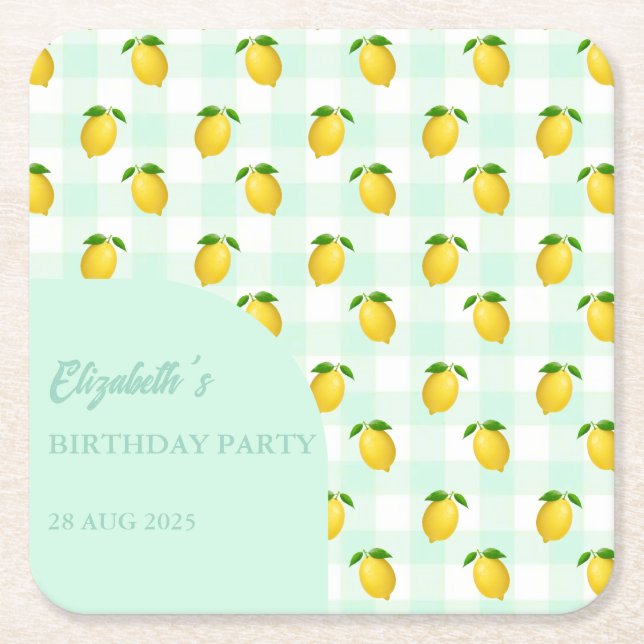 Posavasos Cuadrado De Papel Lemon Citrus Summer Birthday (Anverso)