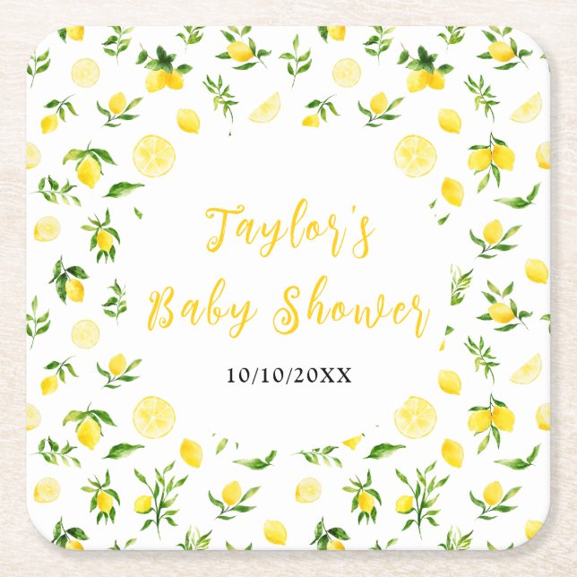 Posavasos Cuadrado De Papel Lemons and Foliage Baby Shower (Anverso)