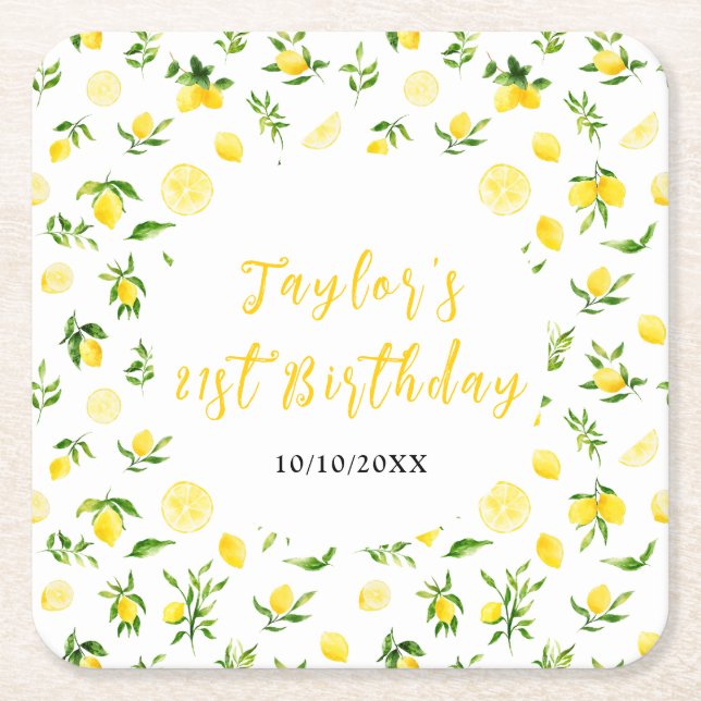 Posavasos Cuadrado De Papel Lemons and Foliage Birthday (Anverso)