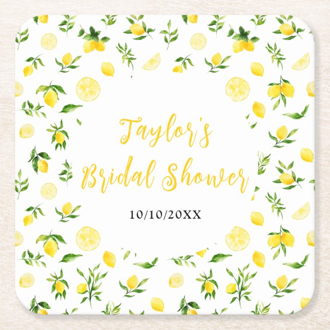 Posavasos Cuadrado De Papel Lemons and Foliage Bridal Shower (Anverso)
