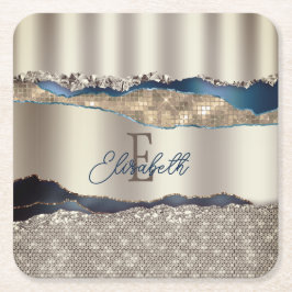 Posavasos Cuadrado De Papel Lentejuelas de ágata azul índigo elegantes 