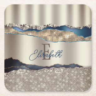 Posavasos Cuadrado De Papel Lentejuelas de ágata azul índigo elegantes