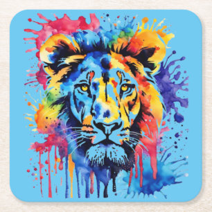 Posavasos Cuadrado De Papel León colorido divertido acuarela