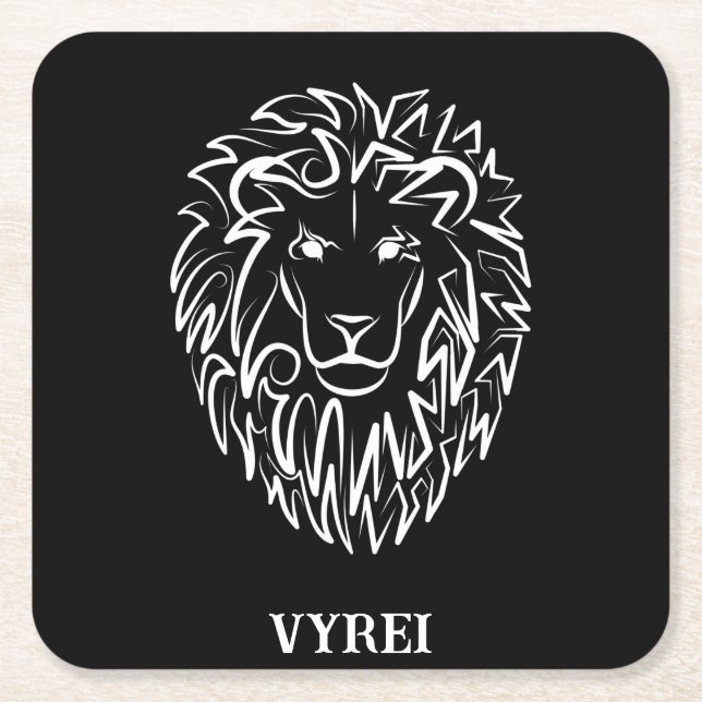 Posavasos Cuadrado De Papel León tribal blanco y negro (Anverso)