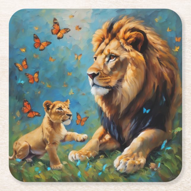 Posavasos Cuadrado De Papel León Y Cubo (Anverso)