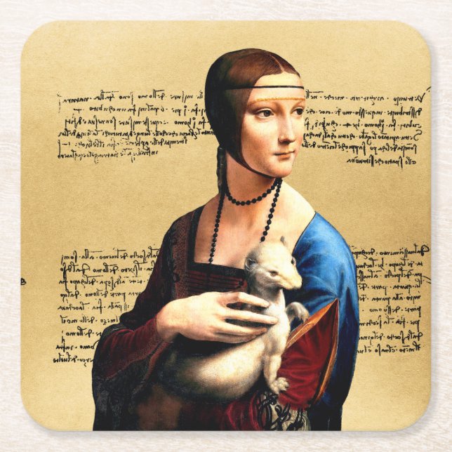 Posavasos Cuadrado De Papel Leonardo da Vinci Lady con Ermine (Anverso)
