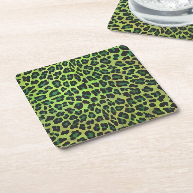 Posavasos Cuadrado De Papel Leopard Black and Green Print (En perspectiva)