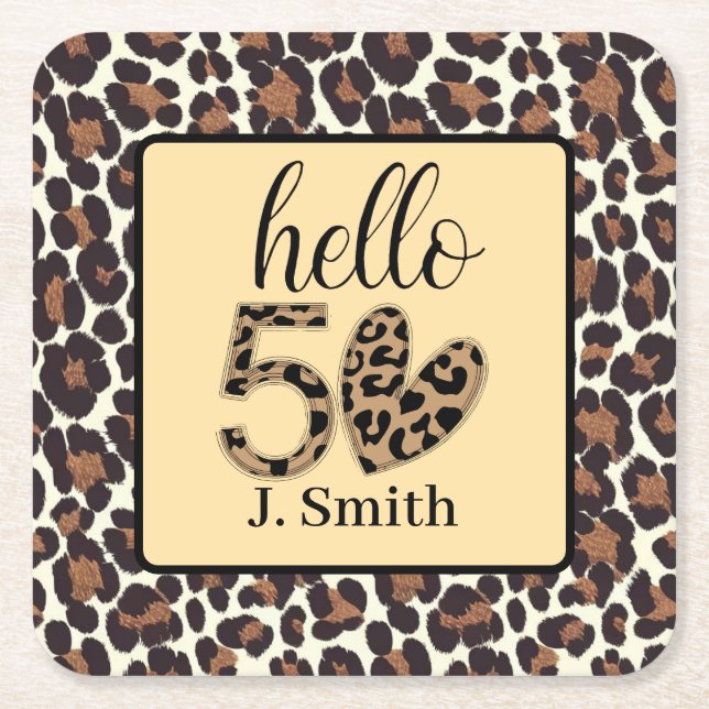 Posavasos Cuadrado De Papel Leopard print 50° cumpleaños (Anverso)