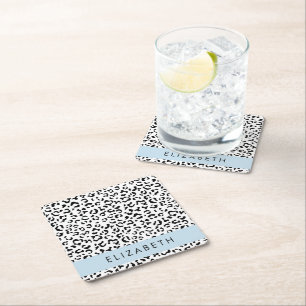Posavasos Cuadrado De Papel Leopard Print, Spots, Black And White, Tu Nombre
