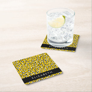 Posavasos Cuadrado De Papel Leopard Print, Spots, Yellow Leopard, tu nombre