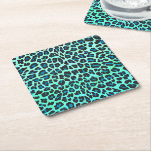 Posavasos Cuadrado De Papel Leopardo negro e impresión Verde azulada