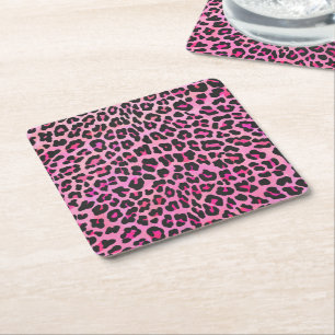 Posavasos Cuadrado De Papel Leopardo negro y rosa caliente impresión
