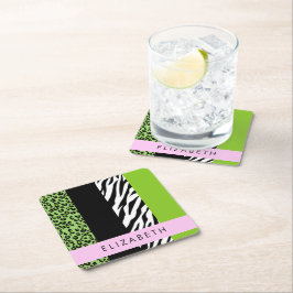 Posavasos Cuadrado De Papel Leopardo Print, Zebra Print, Green, Your Name