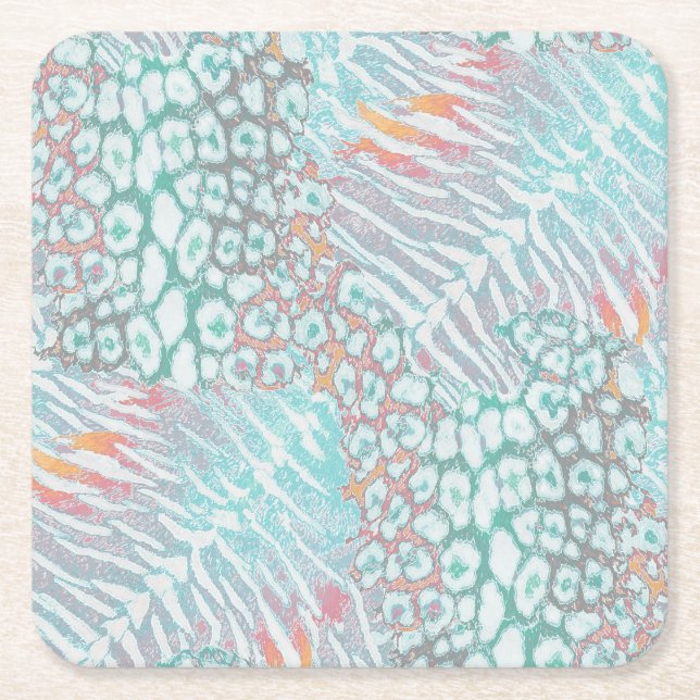 Posavasos Cuadrado De Papel Leopardo, tigre, piel, manchado, rayado, turquesa, (Anverso)