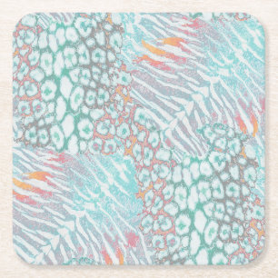 Posavasos Cuadrado De Papel Leopardo, tigre, piel, moteado, rayado, Turquesa,