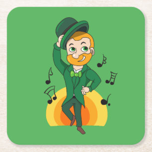 Posavasos Cuadrado De Papel Leprechaun bailando, personalizado de San Patricio