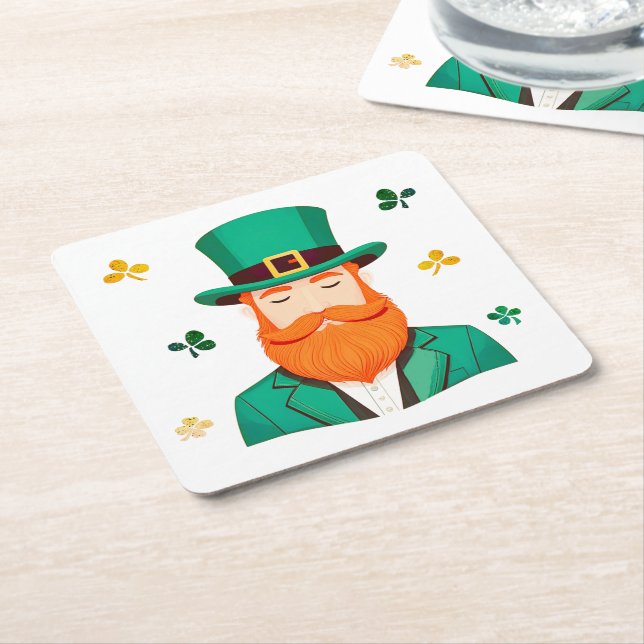 Posavasos Cuadrado De Papel Leprechaun Clover Shamrock Patrick's Day (En perspectiva)