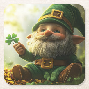 Posavasos Cuadrado De Papel Leprechaun de gnomo lindo con rocas de champú y tr