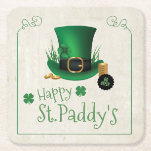 Posavasos Cuadrado De Papel Leprechaun Gorra Happy St. Paddy's ID636